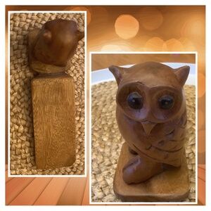 Artisan stained wooden carved owl sits atop an angled wedge doorstop